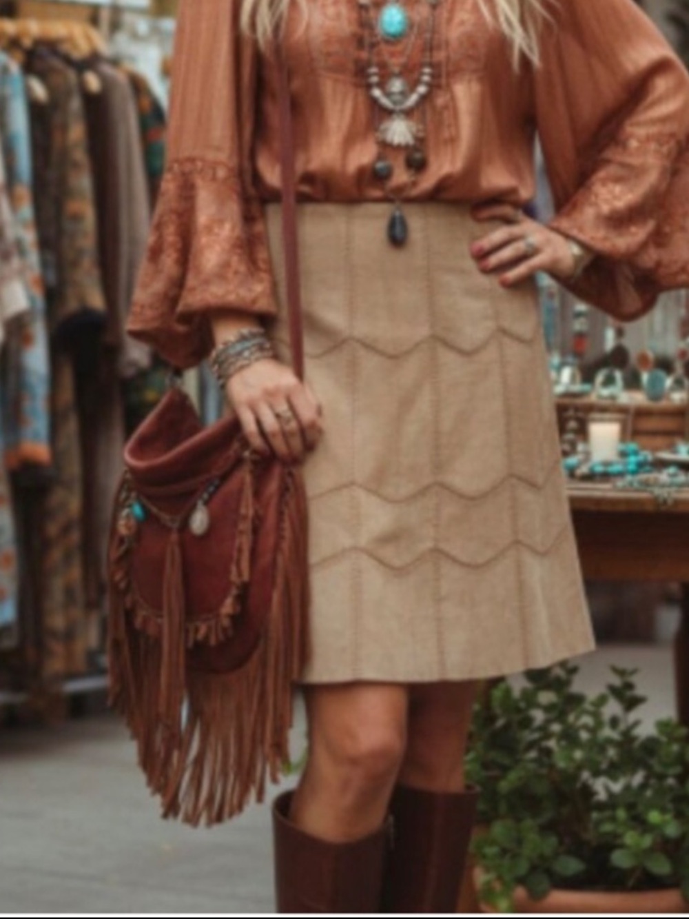 AREA Tan Suede Leather Skirt siz 4 Runway Patchwork Crochet Boho Y2K 70s Revival